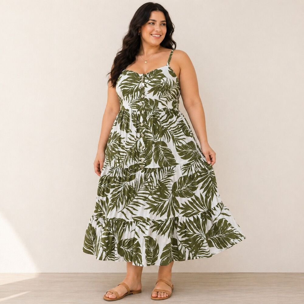 Indulge by Gogo Green White Leaf Print Tiered Midi Dress XL Sleeveless Smocked